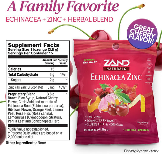 Zand Herbalozenge Cherry Echinacea Zinc | Throat Lozenges | No Corn Syrup, No Cane Sugar, No Colors | 15 Lozenge, 3 Bags