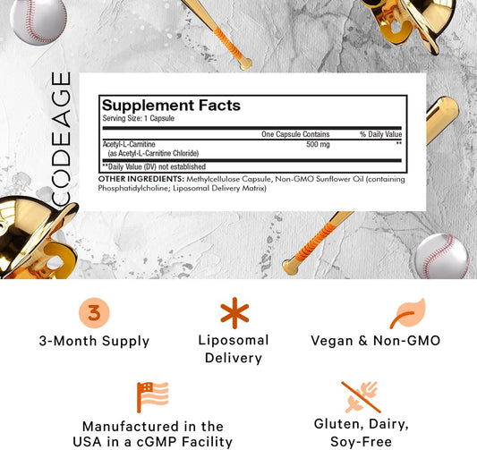 Codeage Liposomal Acetyl-L-Carnitine+ Supplement - 500 Mg Acetyl-L-Carnitine Per Serving - 3-Month Supply, Liposomal Delivery - Alcar Supplement - L-Carnitine - Non-Gmo, Gluten-Free, 90 Capsules