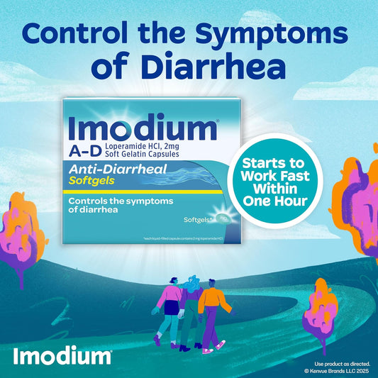 Imodium A-D Anti-Diarrheal Medicine Softgels With 2 Mg Loperamide Hydrochloride Per Capsule, Diarrhea Relief To Help Control Symptoms Due To Acute, Active & Traveler'S Diarrhea, 24 Ct