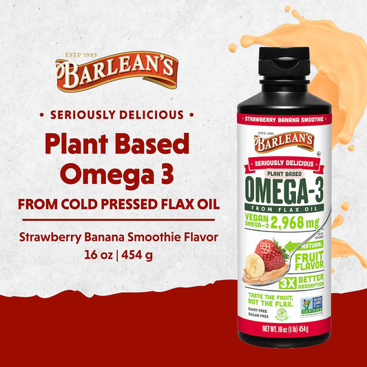 Barlean'S Strawberry Banana Omega 3 Liquid Flaxseed Oil With 2,968 Mg Vegan Omegas 3 6 9, Smoothie Supplements For Kids & Adults From Cold Pressed Flax Seed Oil, Non-Gmo & Gluten Free, 16 Oz