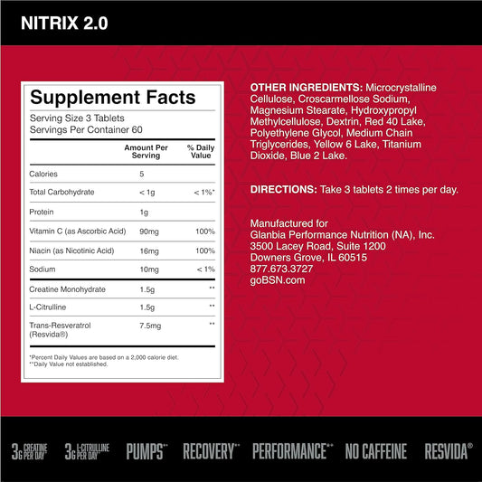 Bsn Nitrix 2.0 - Nitric Oxide Precursors, 3G Creatine, 3G L Citrulline