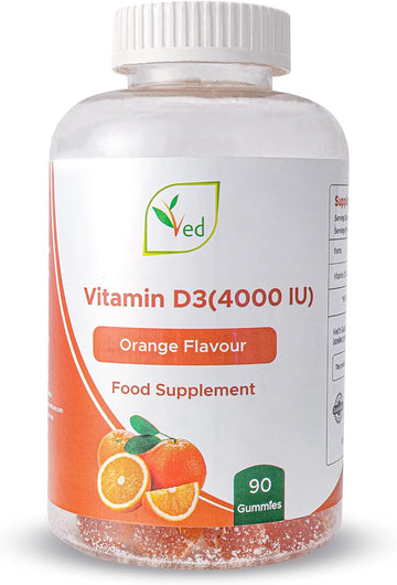 Ved Vitamin D3 Gummies For Adults 4000Iu, Non Gmo- Gluten Free, Orange Flavour -High Strength 90 Chewable Gummies (3 Month Supply)