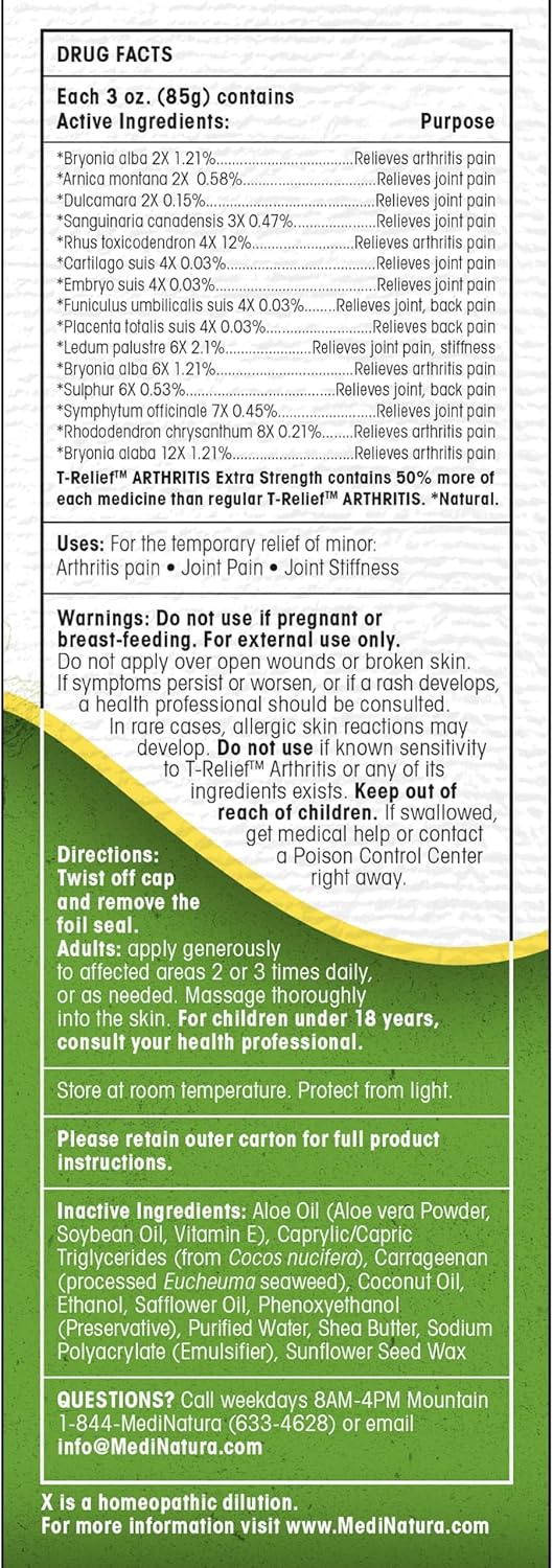 T-Relief Extra Strength Arthritis Cream Arnica +12 Pain Relieving Natural Medicines Help Soothe Soreness Stiffness Aches & Pains In Joints Naturally - 3 Oz