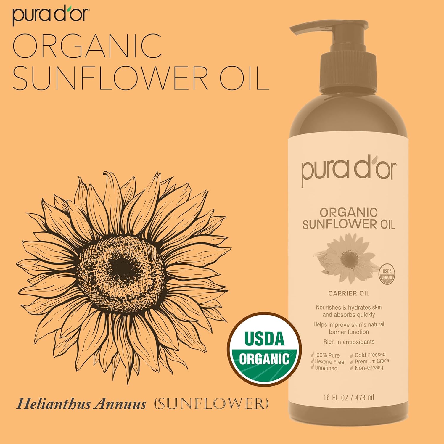 PURA D'OR 16 Oz ORGANIC Sunflower Seed Oil - 100% Pure & Natural USDA Certified Cold Pressed Carrier Oil For DIY Beauty - Unscented, Hexane Free Liquid Moisturizer - Face Skin & Hair - Men & Women : Health & Household