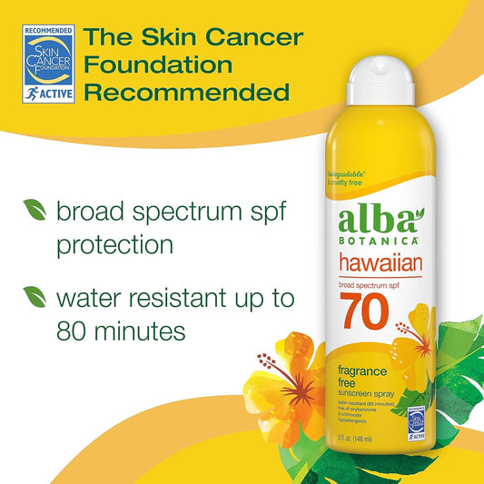 Alba Botanica Sunscreen Spray For Face And Body, Broad Spectrum Spf 70 Sunscreen, Hawaiian Coconut, Water Resistant And Biodegradable, 5 Fl. Oz. Bottle
