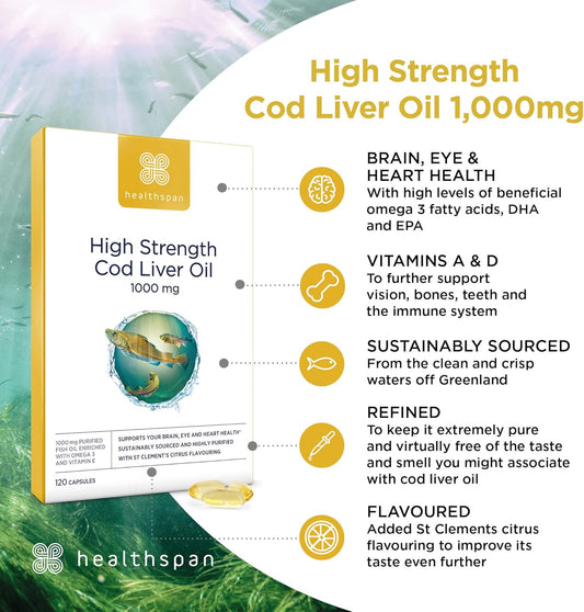 Healthspan Cod Liver Oil 1,000Mg | Rich In Omega 3 Fatty Acids Dha & Epa | Brain, Eyes & Heart Health | Vitamin A & D3 | Vision, Bones, Teeth & Immune | Sustainably Sourced (240 Capsules)