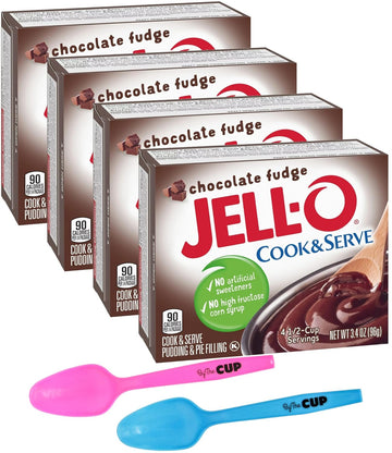Jell-O Chocolate Fudge Cook & Serve Pudding Mix, 3.4 Oz Box (Pack Of 4) With By The Cup Mood Spoons