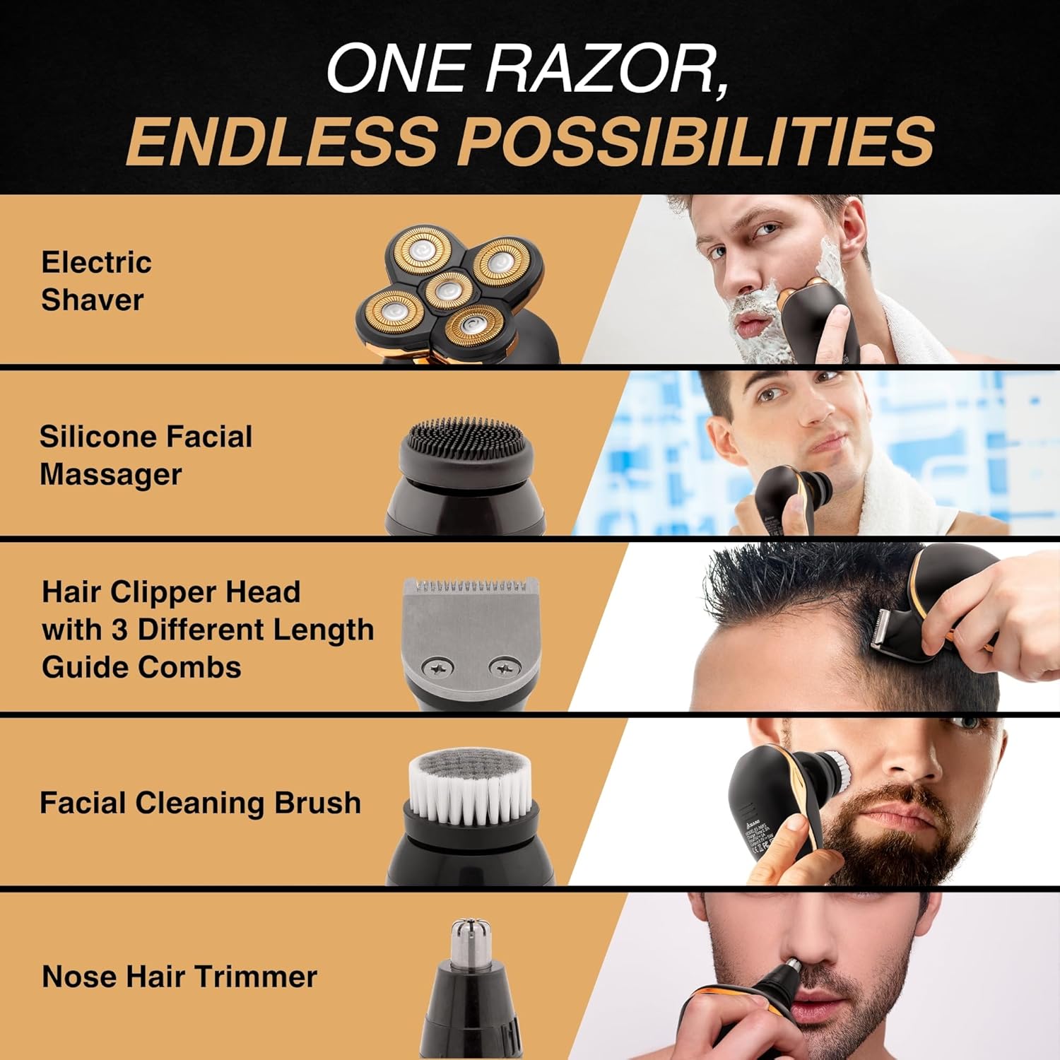 Asani 5 In 1 Electric Razor For Men And Women, Usb Rechargeable And Waterproof Cordless Trimmer, Includes Rotating Bald Head Shaver, Nose Hair Trimmer, Beard Shaper, Silicone Brush, & Cleansing Brush : Beauty & Personal Care