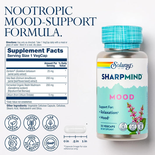 Solaray Sharpmind Mood Support Supplement, Nootropic For Relaxation And Stress Relief, Zembrin, Holy Basil, Lithium 5Mg, Organic Reishi Mushroom, 60 Day Guarantee, 30 Servings, 30 Vegcaps