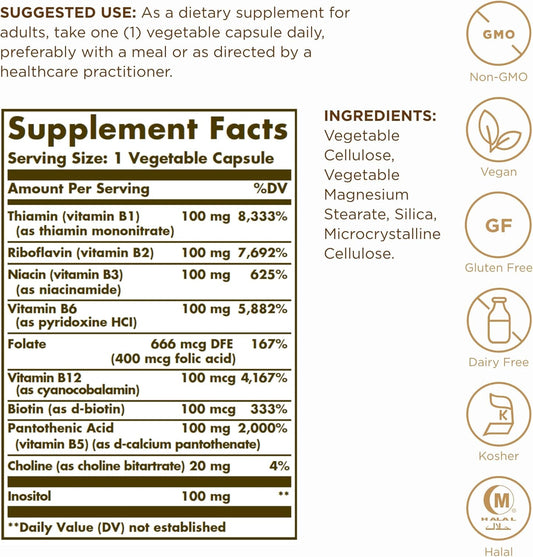 Solgar B-Complex 100" - 50 Vegetable Capsules - Energy Metabolism, Cardiovascular Health, Nervous System Support - Non-Gmo, Vegan, Gluten Free - 50 Servings