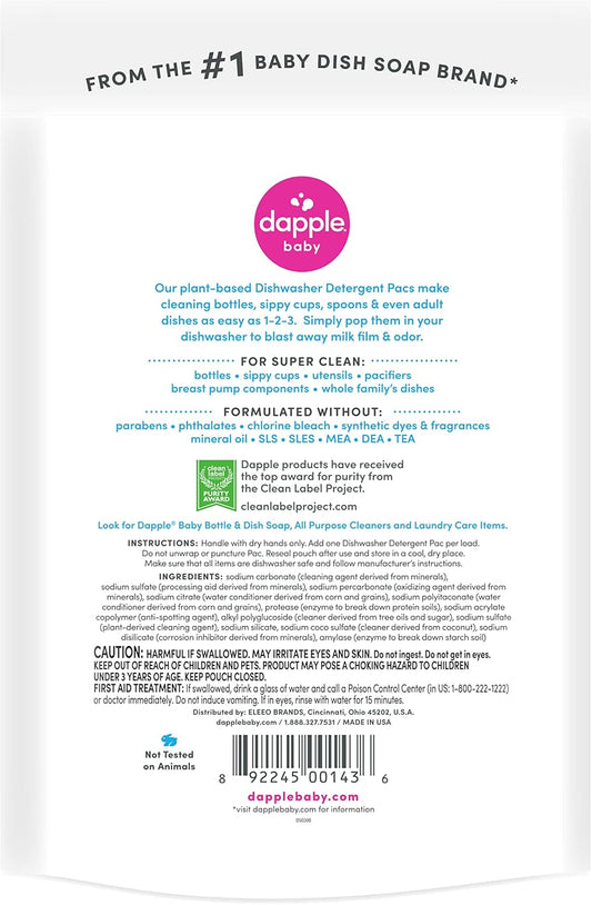 Dishwasher Detergent Pacs By Dapple Baby, 25 Count Pouch (Pack Of 2), Fragrance Free, Plant Based & Hypoallergenic Dishwasher Pods - Removes Milk Residue & Odor - Dishes, Baby Bottles & Kitchenware