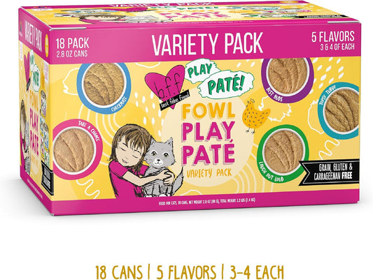 Weruva B.F.F. Play - Best Feline Friend PatƩ Lovers, Aw Yeah!, Fowl Play Yellow PatƩs Variety Pack, 2.8Oz Can (Pack Of 18)