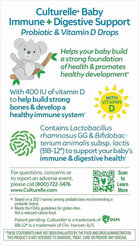 Culturelle Baby Immune & Digestive Support Probiotic + Vitamin D Drops, Helps Support Immune Health In Babies, Infants & Newborns 0-12 Months, 30 Day Supply, Gluten Free & Non-Gmo, 9Ml