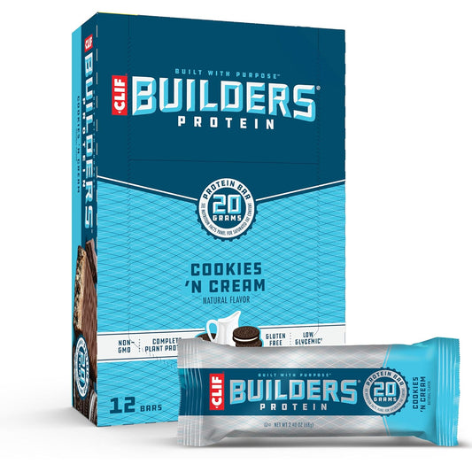 Clif Builders Protein Bars Bundle - Cookies 'N Cream & Chocolate Chip Cookie Dough Flavors - 20G Plant Protein - Gluten-Free - 12 Count