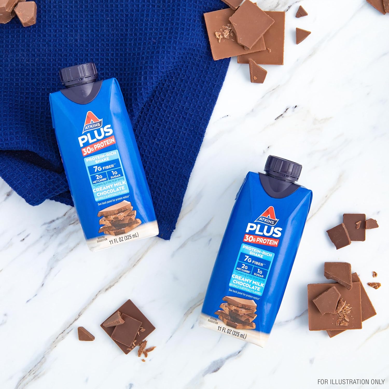 Atkins Creamy Milk Chocolate Plus Protein Shake, 30G Protein, 7G Fiber, 2G Net Carb, 1G Sugar, Keto Friendly, Low Carb, High Protein Drink, 12 Count : Health & Household