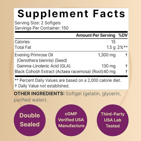 Naturebell Evening Primrose Oil With Black Cohosh, 1,300Mg Per Serving, 300 Mini-Softgels | Cold Pressed Seeds, Retains 130Mg Gla For Womens Health & Skin Care Support – Hexane Free, Non-Gmo