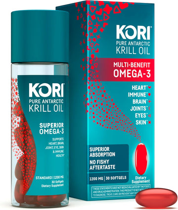 Kori Krill Oil Omega 3 Supplement, Antarctic Krill Oil With Superior Absorption Vs Fish Oil, Krill Oil 1200Mg Softgels, 30 Softgels, Epa & Dha
