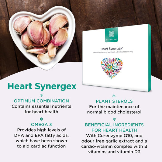 Healthspan Heart Synergex | 28 Day Supply | With Vitamin D3 | Plant Sterols | Garlic | Cardio-Vitamin Complex | Omega 3 | Co-Enzyme Q10 | Friend Of The Sea
