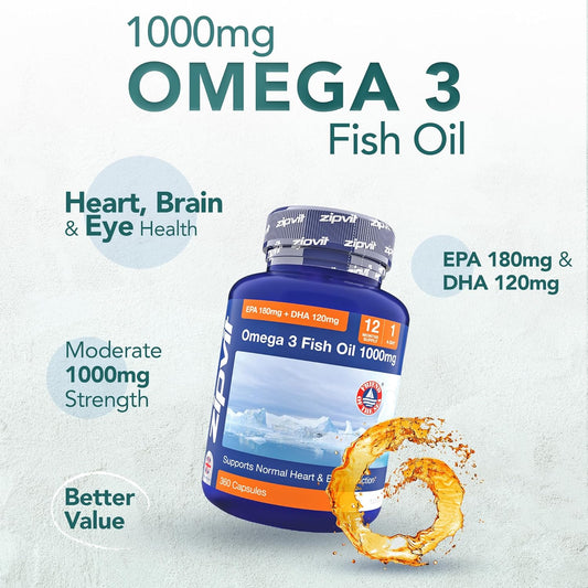 Omega 3 Fish Oil 1000Mg, 360 Softgel Capsules. 12 Months Supply. Epa 180Mg Dha 120Mg. Supports Heart, Brain Function And Eye Health
