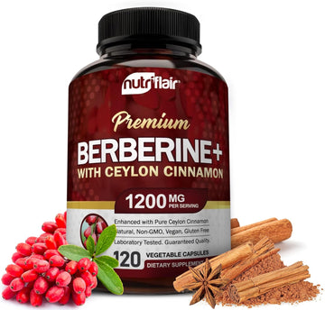 Nutriflair Premium Berberine Hcl 1200Mg, 120 Capsules - Plus Pure True Ceylon Cinnamon, Berberine Hci Root Supplements Pills - Immune System - Yields An Optimal 8% Berberine