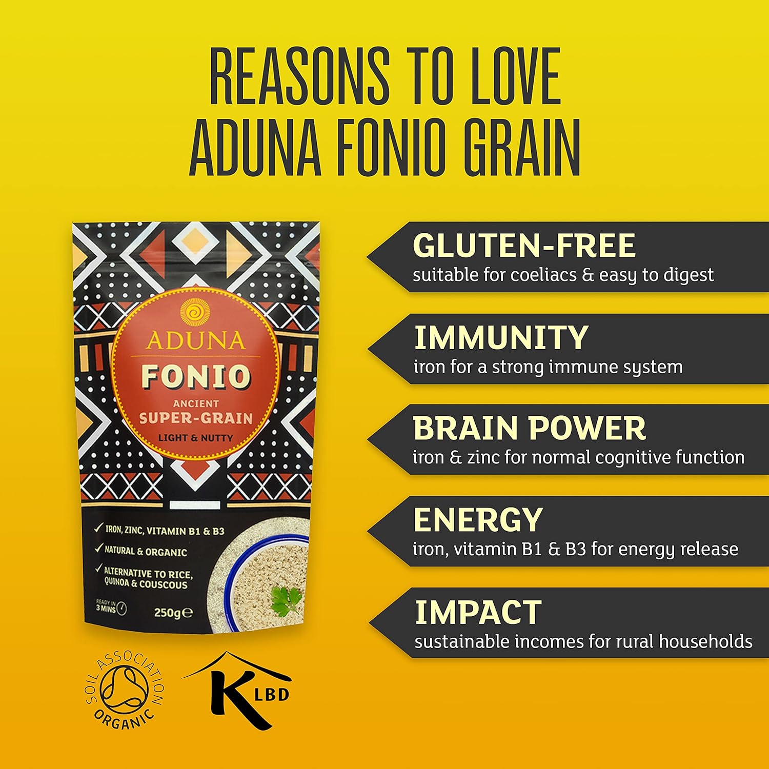 Aduna Organic Fonio Super-Grain | Ancient African Wholegrain | Naturally Gluten-Free Grain For Salads, Stir-Fries, Porridge & Baking | Quick-Cooking Rice, Quinoa & Couscous Alternative | 1Kg