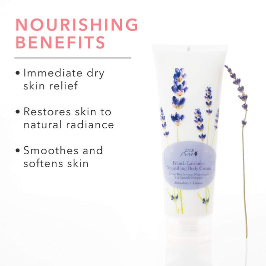 100% Pure Nourishing Body Cream French Lavender Lotion Luxurious Botanical Dry Skin Hydration & Replenishment, Natural Anti-Aging Moisturizer & Skincare For All Skin Types Women & Men - Vegan - 8 Oz