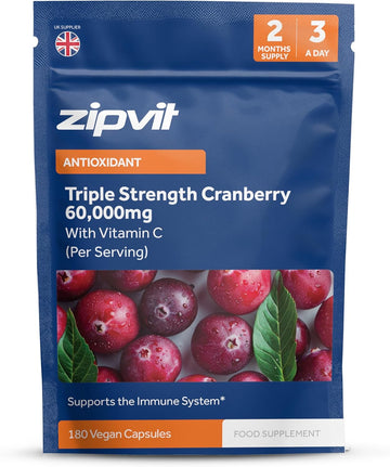 Zipvit Triple Strength Cranberry 60,000Mg, High Strength Cranberry Extract With Vitamin C, 180 Vegan Capsules For Immune Support, 2 Month Supply, Supplement For Men & Women