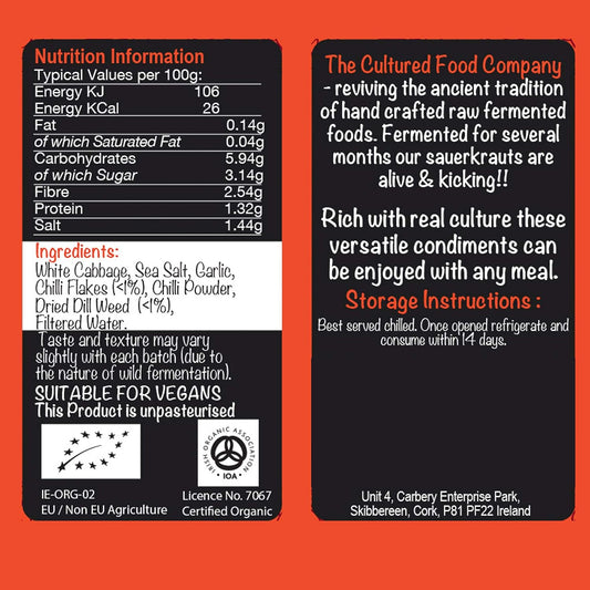 The Cultured Food Company Chilli & Dill Sauerkraut 1Kg Jar - Organic Sauerkraut, Raw & Unpasteurised - Probiotic - Gut Healthy - Traditionally Fermented - No Preservatives - Vegan