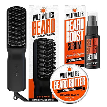 Wild Willies Beard Care Kit: Heated Beard Straightener For Men, Beard Butter, & Beard Growth Serum - Ultimate Grooming Tool Set, Beard Balm, Hydrating Serum, Hot Comb Beard Brush For Daily Use