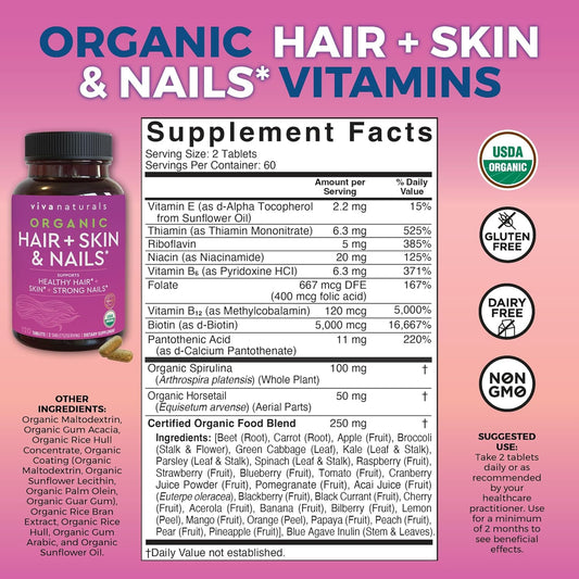 Organic Biotin Vitamins For Hair Skin And Nails Health Support - Vegetarian-Friendly Hair Skin Nails Vitamins For Women With Vitamin E & Biotin 5000Mcg To Help Produce Keratin - 120 Biotin Supplement