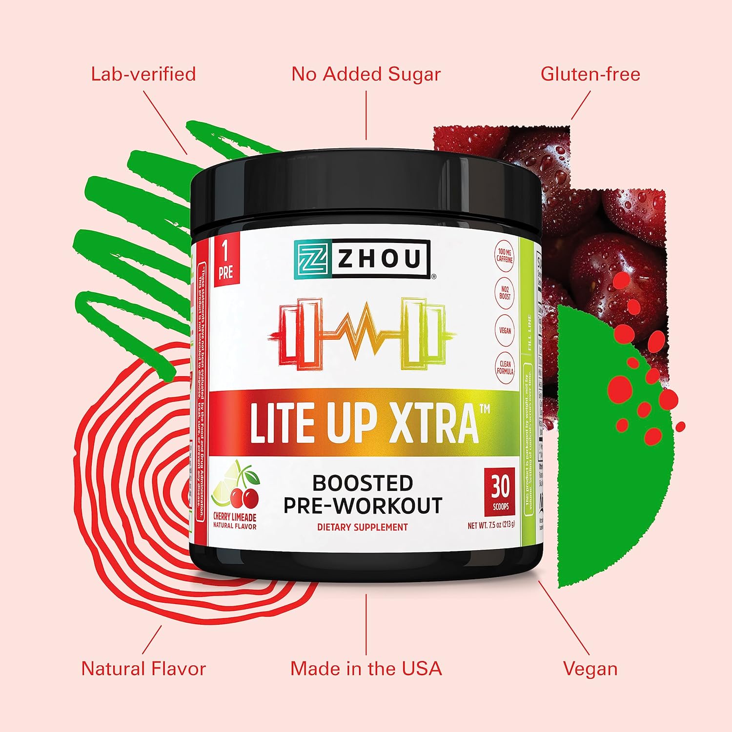 Zhou Nutrition Lite Up Xtra, Vegan Pre Workout Powder with Caffeine, C