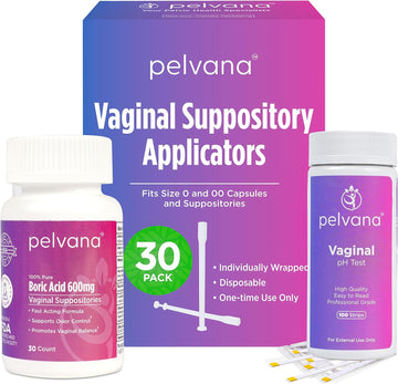 Boric Acid Suppositories 30 + 30 Applicators + 100 Ph Test Strips = 160 Piece Kit For Vaginal Ph Balance, Odor, Itching, Dryness & Discharge