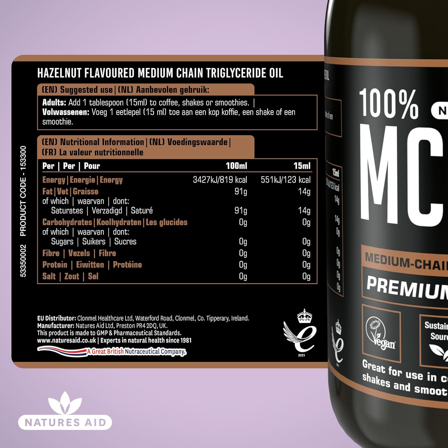 Natures Aid MCT Oil 500ml Hazelnut - Add to Coffee Shakes Smoothies or Dressings - 100 Percent Premium Coconut Oil Pure Sustainably Sourced Vegan Vegetarian GMP Standards Rapid Absorbed for Energy : Amazon.co.uk: Grocery