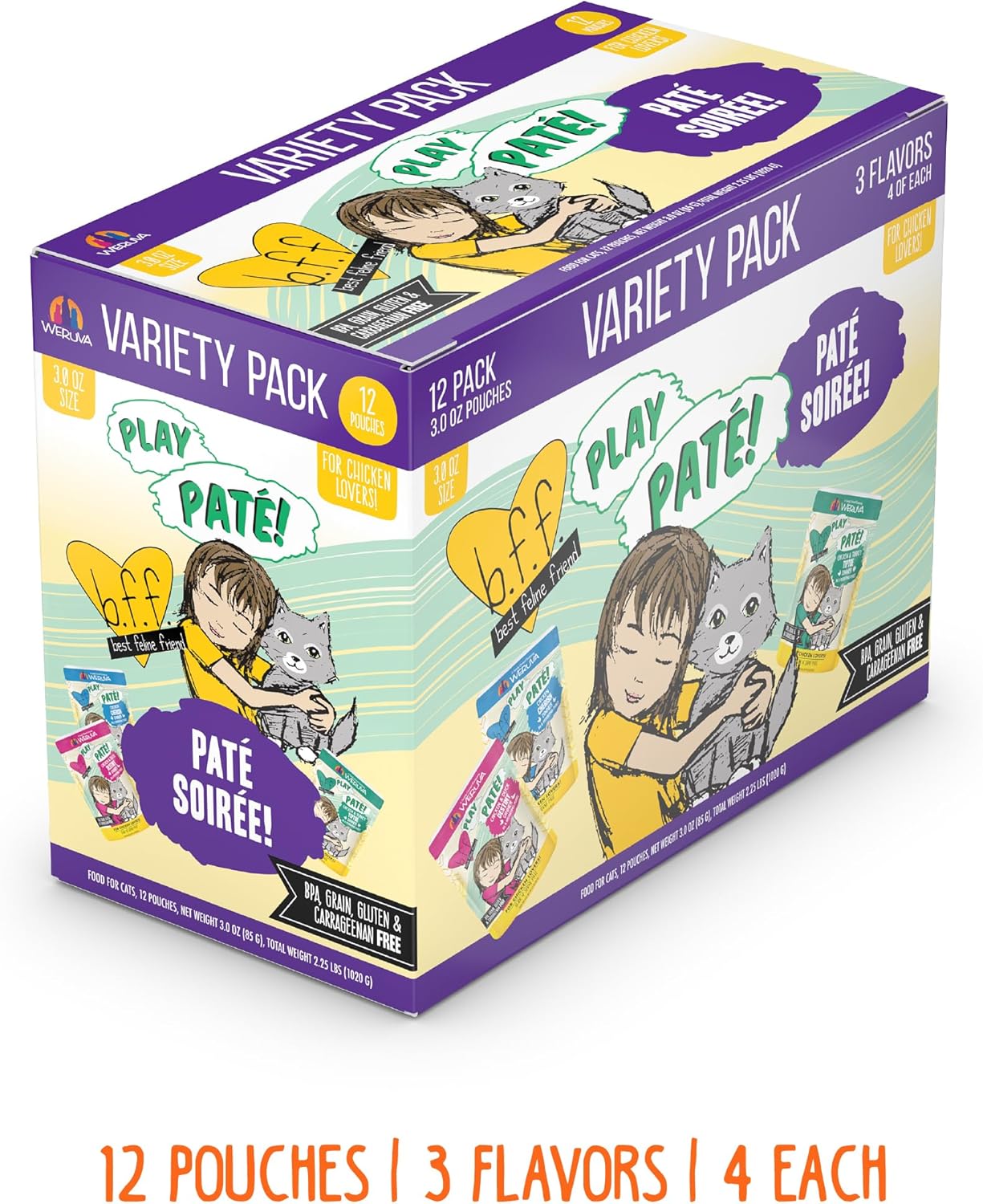 Weruva B.F.F. PLAY - Best Feline Friend Paté Lovers, Aw Yeah!, Paté Soiree! Variety Pack, 3oz Pouch (Pack of 12) : Pet Supplies
