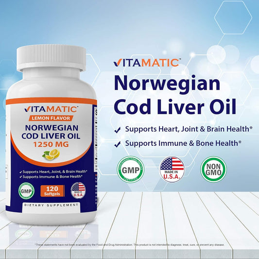 Vitamatic Norwegian Cod Liver Oil Capsules 1250mg 120 Softgels (Lemon Flavor) - Promotes Cardiovascular Health