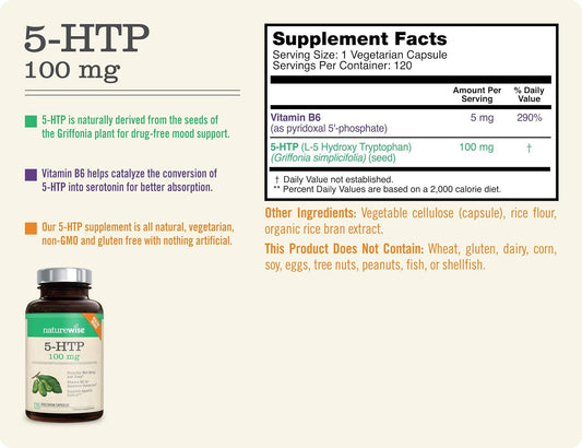 Naturewise 5-Htp 100Mg Mood Support, Natural Sleep Aid Helps Promote Healthy Eating Habits, Easy-To-Digest Delayed Release Capsules Enhanced W/ Vitamin B6, Non-Gmo (2 Month Supply - 120 Count)