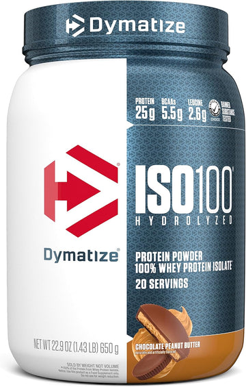 Dymatize Iso100 Whey Protein Powder Isolate, Chocolate Peanut Butter, 25G Of Protein, 20 Servings, 5.5G Bcaas, Less Than 120 Cal., Gluten Free, 1G Fat, 1G Sugar, 2G Carb
