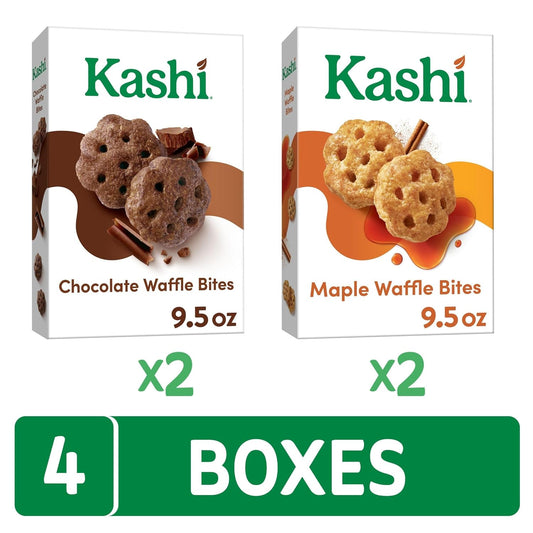 Kashi Waffle Bites Breakfast Cereal, Family Breakfast, Organic Fiber Cereal, Variety Pack, Chocolate And Maple (4 Boxes)