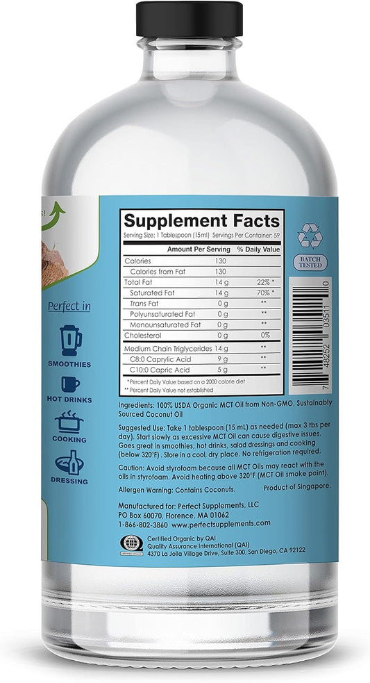 Perfect Supplements – Perfect Mct Oil – 30Oz – Organic Coconut Mcts Unflavored Oil – Boosts Sustainable Energy For Body & Brain