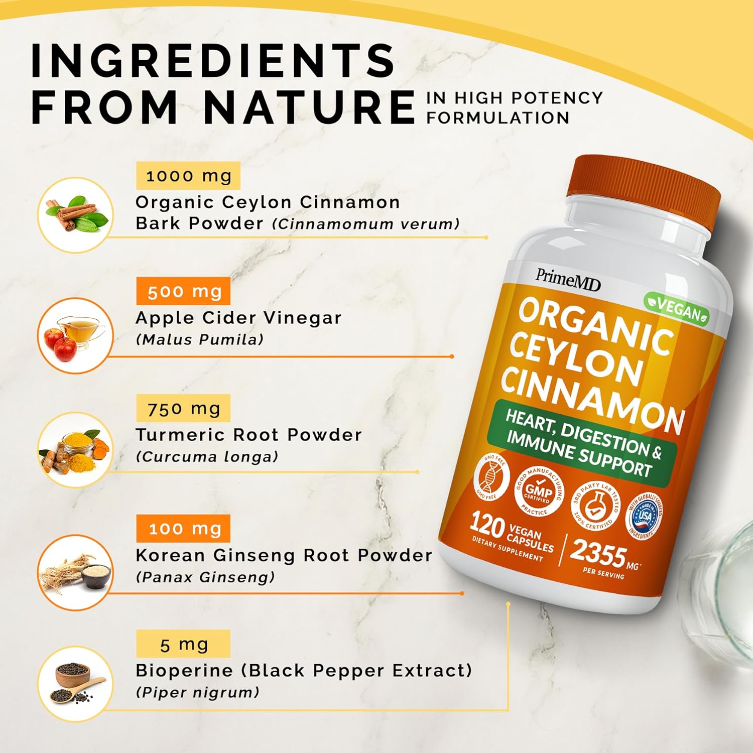 5-in-1 Ceylon Cinnamon Capsules 2355mg with Apple Cider Vinegar, Turmeric and Panax Ginseng Capsules - Cinnamon Supplements with Bioperine (120 Count(Pack of 2)) : Health & Household