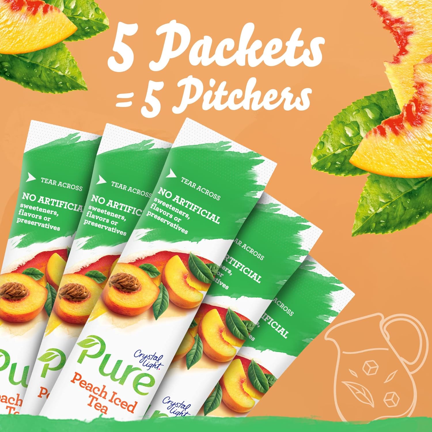 Crystal Light Pure Peach Iced Tea Naturally Flavored Powdered Drink Mix 2.28 Oz/Pouch (5 Count Pitcher Packets) (Package May Vary)