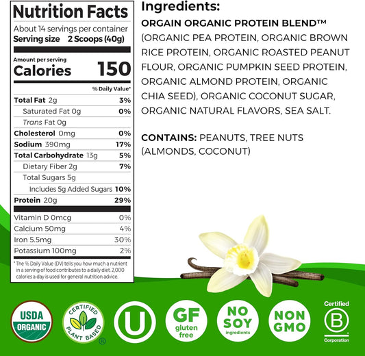 Orgain Organic Simple Vegan Protein Powder, Vanilla - 20G Plant Based Protein, Made With Less Ingredients, No Artificial Sweeteners, Gluten-Free, Non-Gmo, No Dairy Or Lactose Ingredients, 1.25Lb