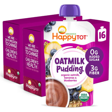 Happy Tot Organics Oatmilk Pudding, Dairy-Free, Stage 4 Toddler Snack, Oatmilk, Bananas & Blueberries, 4 Ounce Pouch, Pack Of 16