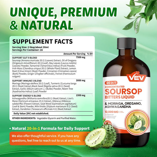 Vev Soursop Bitters Liquid, Graviola Extract Sugar-Free Formula, 16 Fl Oz, 20 In 1, With Black Seed, Moringa & Oregano, Digestive Health & Immune Function, Stress Relief, Sleep Support, Natural Flavor