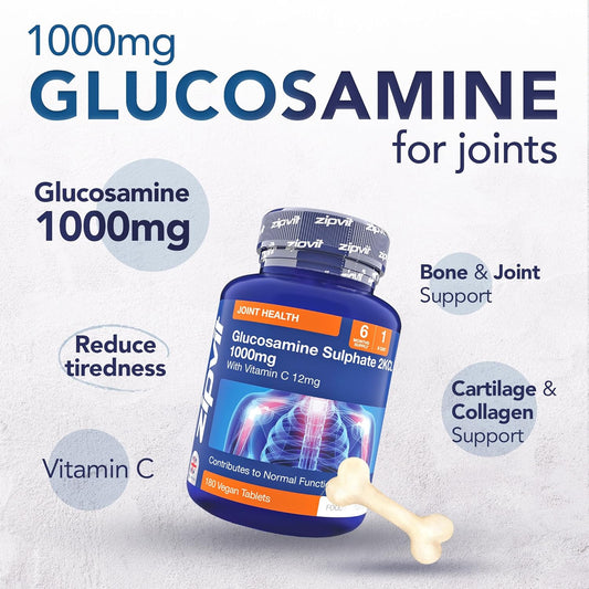 Zipvit Glucosamine Sulphate 2Kcl 1000Mg With Vitamin C, 180 Vegan Tablets, Supports Bones, Cartilage & Collagen, Reduces Tiredness & Fatigue, Joint Health Supplement, 6 Month Supply