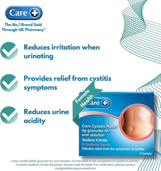 Care Cystitis Relief Granules For Oral Solution, Relieves Symptoms Of Cystitis, 48H Course, Helps Reduce Irritation When Urinating, 6 Sachets, Cranberry Flavour