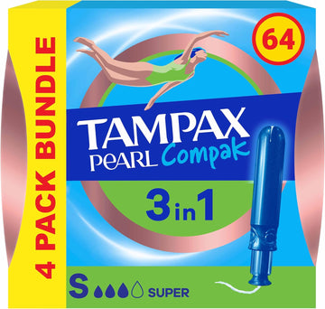 Tampax Compak Pearl Tampons, Super With Applicator, 64 Tampons (16 X 4 Packs), Leak Protection And Discretion