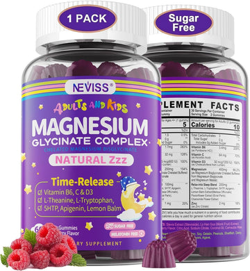 Magnesium Glycinate Gummies For Adults & Kids 4+, Sugar Free Magnesium Bisglycinate Supplement 400/200Mg With B6D3, 5Htp, L-Theanine For Sleep & Relaxation, Brain, Muscle, Melatonin Free Gummies,1Pack