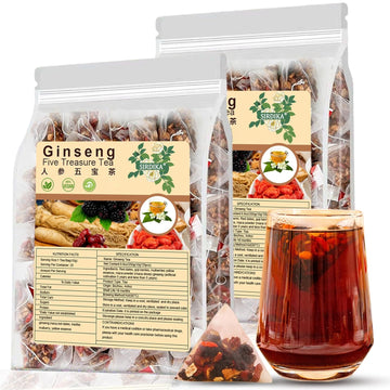 Ginseng Five Treasures Tea - Kidney Tea Wubao Tea Ginseng Red Date Natural Chinese Herbal Tea For Men Women 8.81Oz (250G/10G X25Pc) (2 Bag(50Pc))