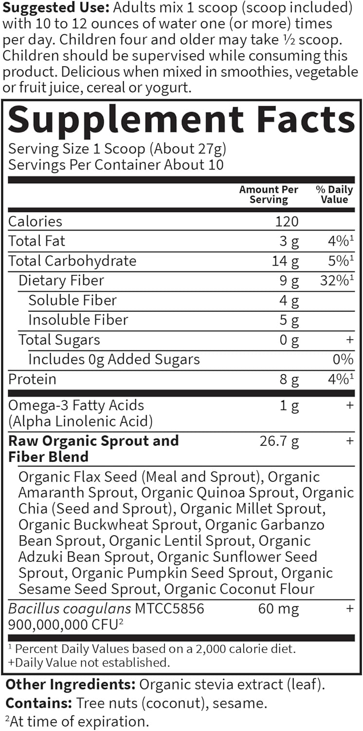 Garden Of Life Raw Organic Fiber Supplement Powder - 10 Servings, 15 Organic Superfoods + Probiotics & Omega-3 Ala, 4G Soluble & 5G Insoluble Fiber For Regularity - Psyllium Free : Health & Household